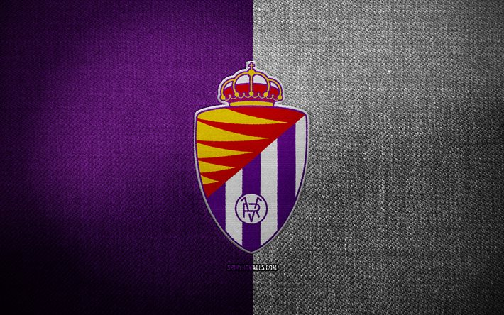 Real Valladolid badge, 4k, violet white fabric background, LaLiga, Real Valladolid logo, Real Valladolid emblem, sports logo, Real Valladolid flag, Real Valladolid new logo, Real Valladolid CF soccer, football, Real Valladolid FC