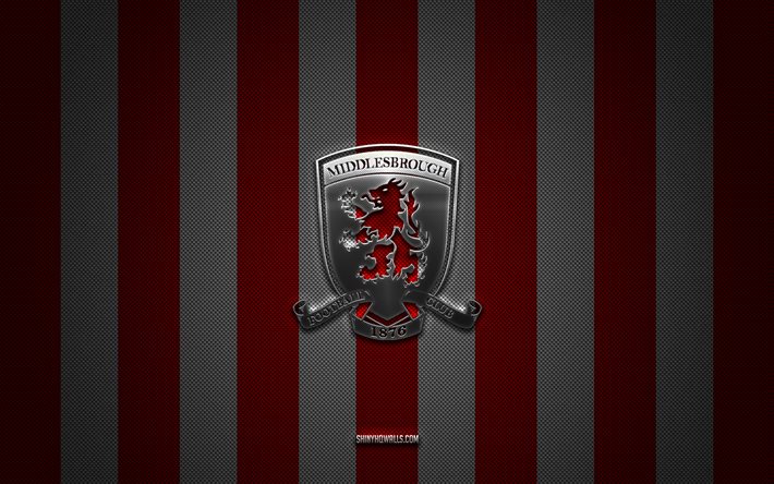 ミドルスブラfcのロゴ, イングランドのサッカークラブ, eflチャンピオンシップ, 赤白炭素の背景, ミドルスブラfcのエンブレム, フットボール, ミドルスブラfc, イングランド, ミドルスブラ fc シルバー メタル ロゴ
