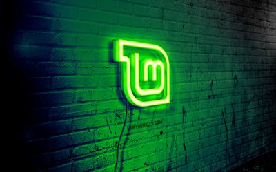 Linux Mint neon logo, 4k, green brickwall, grunge art, Linux, creative, logo on wire, Linux green blue logo, Linux Mint logo, artwork, Linux Mint