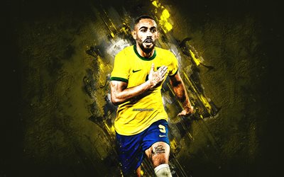 Matheus Cunha, Brazil national football team, portrait, brazilian football player, yellow stone background, Brazil, football, Matheus Santos Carneiro Cunha