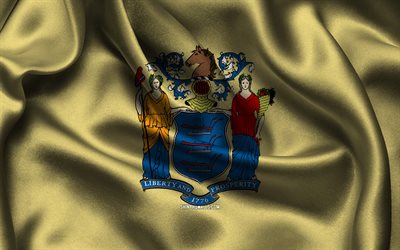 뉴저지 깃발, 4k, 미국 주, 새틴 플래그, 뉴저지의 국기, 뉴저지의 날, 물결 모양의 새틴 플래그, 뉴저지 주, 미국, 뉴저지