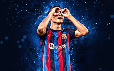 4k, Pedri, goal, blue neon lights, FC Barcelona, soccer, spanish footballers, Pedri 4K, Barca, 2022, blue abstract background, football, Pedri Barcelona, FCB