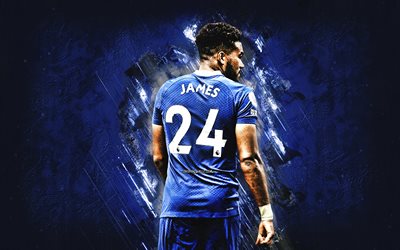 Reece James, Chelsea FC, English football player, blue stone background, football, Premier League, England, grunge art