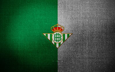 レアル・ベティスのバッジ, 4k, 緑の白い布の背景, ラ・リーガ, レアル・ベティスのロゴ, レアル・ベティスのエンブレム, スポーツのロゴ, レアル・ベティスの旗, レアル・ベティス・バロンピエ, レアル・ベティス, サッカー, フットボール, レアル・ベティスfc
