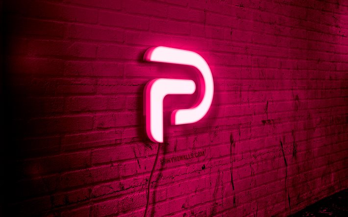 Parler neon logo, 4k, purple brickwall, grunge art, creative, logo on wire, Parler purple logo, brands, Parler logo, artwork, Parler