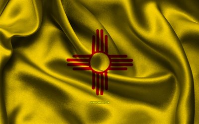 New Mexico flag, 4K, american states, satin flags, flag of New Mexico, Day of New Mexico, wavy satin flags, State of New Mexico, US States, USA, New Mexico