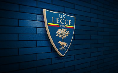 US Lecce 3D logo, 4K, blue brickwall, Serie A, soccer, italian football club, US Lecce logo, US Lecce emblem, football, US Lecce, sports logo, Lecce FC