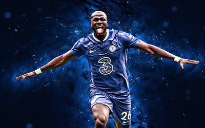 Kalidou Koulibaly, 4k, blue neon lights, Chelsea FC, Premier League, soccer, french footballers, Kalidou Koulibaly 4K, blue abstract background, football, Kalidou Koulibaly Chelsea
