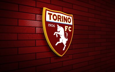 torino fc 3d-logo, 4k, rote ziegelwand, serie a, fußball, italienischer fußballverein, torino fc-logo, torino fc-emblem, torino fc 1906, sportlogo, torino fc