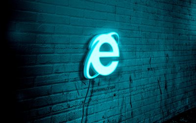 internet explorer néon logo, 4k, bleu brickwall, grunge art, créatif, logo sur le fil, internet explorer logo bleu, navigateurs internet, logo internet explorer, œuvres d art, internet explorer