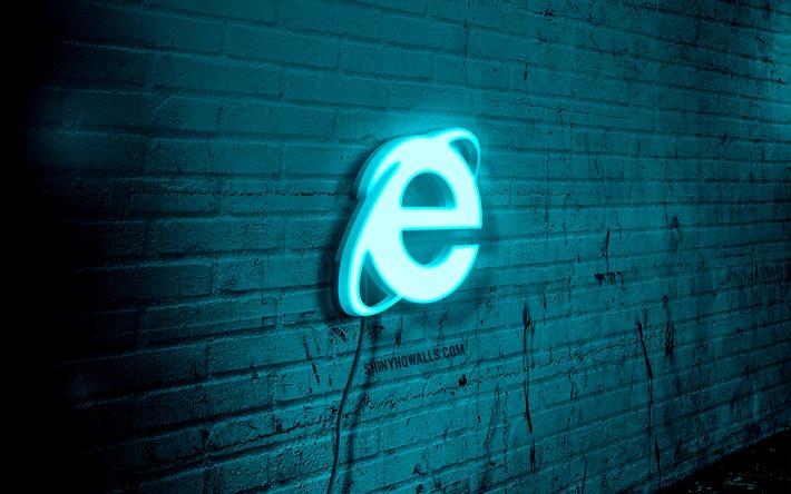 internet explorer neon logosu, 4k, mavi brickwall, grunge sanat, yaratıcı, tel üzerinde logo, internet explorer mavi logosu, internet tarayıcıları, internet explorer logosu, sanat eseri, internet explorer
