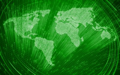 mapa del mundo verde, 4k, silueta del mapa del mundo de neón verde, mundo digital, conceptos de comunicación, conceptos del mapa del mundo, luz de neón verde, líneas de luz verde, mapa del mundo