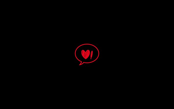 4k, eu te amo, mínimo, conceitos de amor, balão de fala com coração, coração vermelho, amor minimalismo, fundos cinza, bolhas do discurso