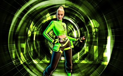 kyra, 4k, verde de fondo abstracto, fortnite, rayos abstractos, kyra skin, fortnite kyra skin, personajes de fortnite, kyra fortnite