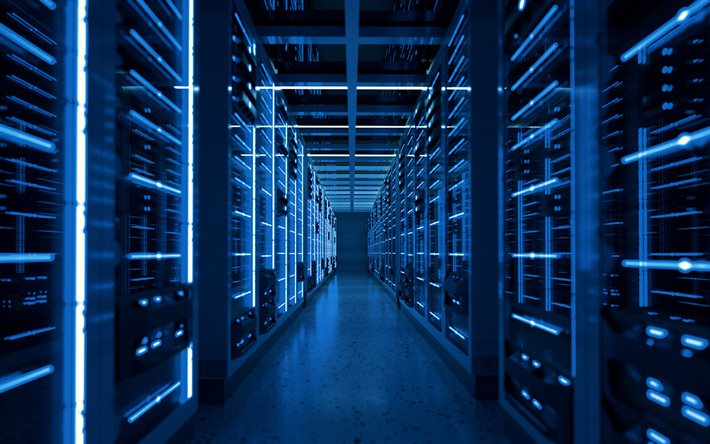 data center, 4k, rack per server, luce al neon blu, computer server, tecnologie di rete, server dedicati, sfondo tecnologia blu, archiviazione dati, server, web hosting