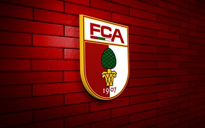 شعار fc augsburg 3d, 4k, الطوب الأحمر, الدوري الالماني, كرة القدم, نادي كرة القدم الألماني, شعار fc augsburg, اوغسبورغ, شعار رياضي