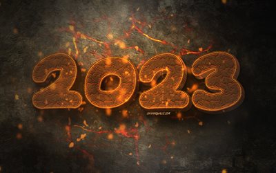 2023 neujahr, 4k, 2023 gebrannter hintergrund, 3d gebrannter text, 2023 frohes neues jahr, 2023 konzepte, 2023 feuerhintergrund, frohes neues jahr 2023, feuertextur