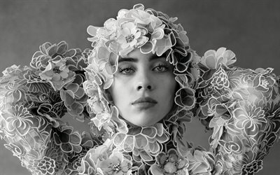 4k, billie eilish, portre, amerikalı şarkıcı, fotoğraf çekimi, siyah beyaz, çiçekli elbise, dünya yıldızı, ünlü şarkıcılar