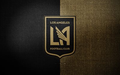ロサンゼルス fc バッジ, 4k, 黒茶色の布の背景, mls, ロサンゼルス fc のロゴ, ロサンゼルス fc のエンブレム, スポーツのロゴ, ロサンゼルス fc の旗, アメリカのサッカー チーム, fcロサンゼルス, サッカー, フットボール, ロサンゼルス fc