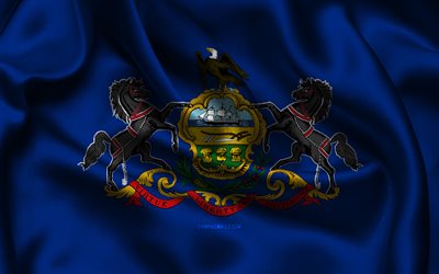 펜실베니아 국기, 4k, 미국 주, 새틴 플래그, 펜실베니아의 국기, 펜실베니아의 날, 물결 모양의 새틴 플래그, 펜실베니아 주, 미국, 펜실베니아