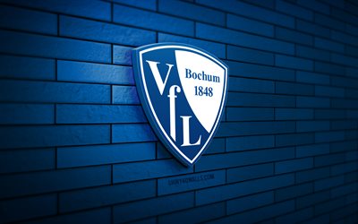 logo vfl bochum 3d, 4k, mur de briques bleu, bundesliga, football, club de football allemand, logo vfl bochum, emblème vfl bochum, vfl bochum, logo sportif, bochum fc