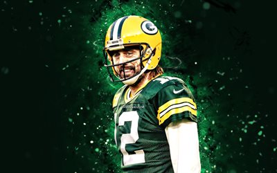 aaron rodgers, 4k, grüne neonlichter, green bay packers, nfl, american football, aaron rodgers 4k, grüner abstrakter hintergrund, aaron rodgers green bay packers