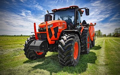 kubota m8-211, 4k, ratisser l herbe, 2022 tracteurs, machines agricoles, la collecte de l herbe, hdr, orange tracteur, tracteur sur le terrain, 2022 kubota m8-211, les concepts de l agriculture, l agriculture, kubota
