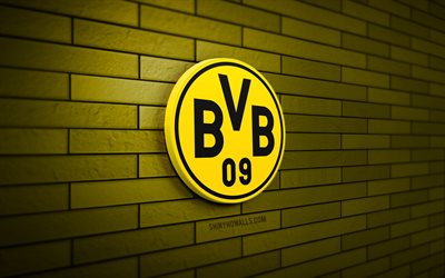 Borussia Dortmund 3D logo, 4K, yellow brickwall, Bundesliga, soccer, BVB, german football club, Borussia Dortmund logo, Borussia Dortmund emblem, football, Borussia Dortmund, sports logo, Borussia Dortmund FC