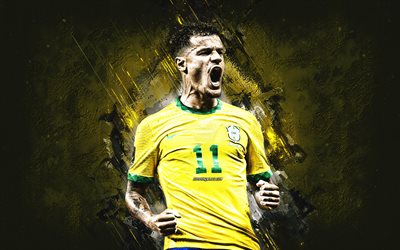philippe coutinho, squadra nazionale di calcio del brasile, giocatore di football brasiliano, sfondo di pietra gialla, calcio, brasile