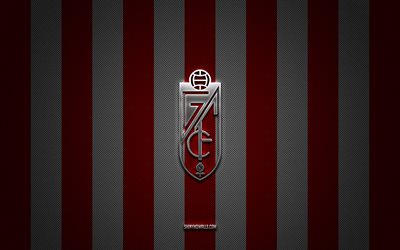 logotipo de granada cf, club de fútbol español, segunda, la liga 2, fondo de carbono blanco rojo, emblema de granada cf, fútbol, granada cf, españa, logotipo de metal plateado de granada cf