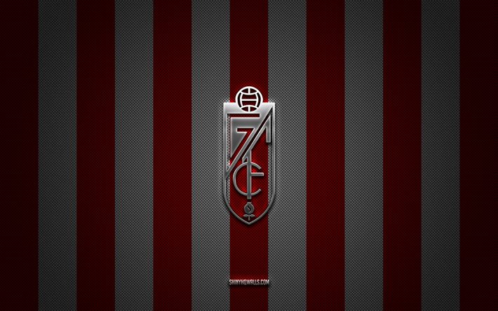 logotipo de granada cf, club de fútbol español, segunda, la liga 2, fondo de carbono blanco rojo, emblema de granada cf, fútbol, granada cf, españa, logotipo de metal plateado de granada cf