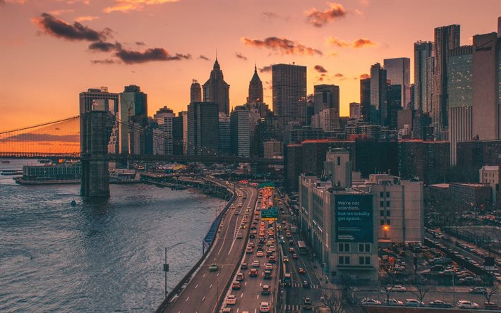 4k, Brooklyn Bridge, sunset, american cites, traffic jams, New York City, Manhattan, american cities, skyscrapers, New York cityscape, USA, NYC, New York panorama