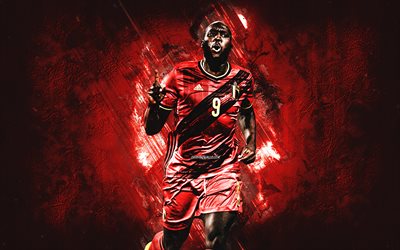 romelu lukaku, belgische fußballnationalmannschaft, belgischer fußballspieler, roter steinhintergrund, belgien, fußball