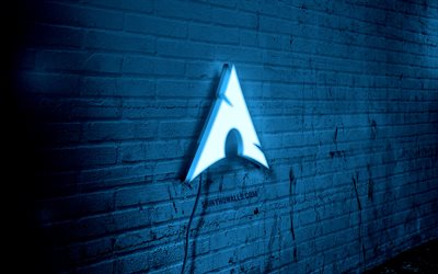 logotipo de neón de arch linux, 4k, pared de ladrillo azul, arte grunge, linux, creativo, logotipo en el cable, logotipo azul de arch linux, logotipo de arch linux, obra de arte, arch linux