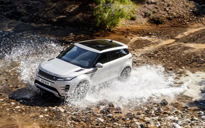 Range Rover Evoque, 4k, offroad, 2022 cars, crossing river, White Range Rover Evoque, 2022 Range Rover Evoque, british cars, Range Rover, Land Rover
