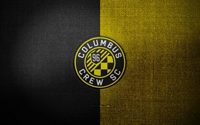 Columbus Crew badge, 4k, yellow black fabric background, MLS, Columbus Crew logo, Columbus Crew emblem, sports logo, Columbus Crew flag, american soccer team, Columbus Crew SC, soccer, football, Columbus Crew FC