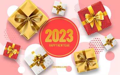 عام جديد سعيد 2023, 4k, 2023 بطاقة تهنئة, 2023 مفاهيم, 2023 الخلفية مع الهدايا, 2023 سنة جديدة سعيدة, 2023 رأس السنة الجديدة, علب هدايا, هدايا 2023