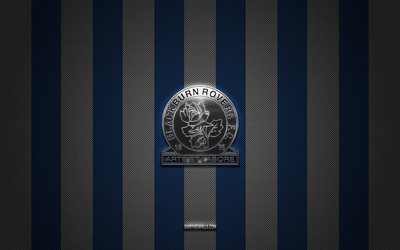 blackburn rovers fc-logo, englischer fußballverein, efl-meisterschaft, blau-weißer karbonhintergrund, blackburn rovers fc-emblem, fußball, blackburn rovers fc, england, blackburn rovers fc-silbermetalllogo