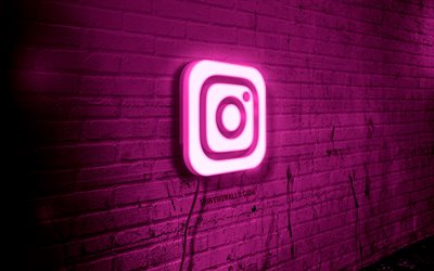 logotipo de neón de instagram, 4k, pared de ladrillo púrpura, arte grunge, creativo, logotipo en el cable, logotipo púrpura de instagram, redes sociales, logotipo de instagram, obras de arte, instagram