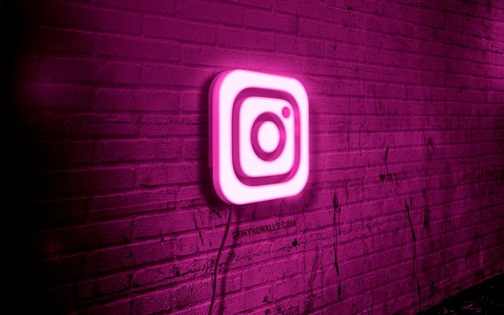 인스타그램 네온 로고, 4k, 보라색 벽돌 벽, 그런지 아트, 창의적인, 와이어에 로고, instagram 보라색 로고, 소셜 네트워크, 인스타그램 로고, 삽화, 인스 타 그램