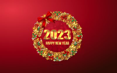 2023 feliz año nuevo, 4k, fondo de navidad rojo, corona de navidad dorada, 2023 conceptos, feliz año nuevo 2023, fondo rojo 2023, tarjeta de felicitación 2023, fondo de navidad 2023