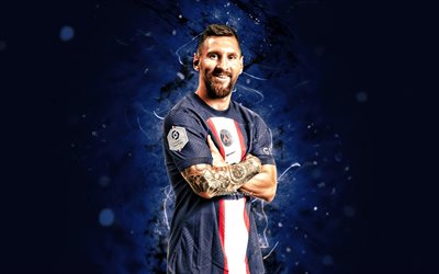 Lionel Messi, 4k, 2022, blue neon lights, PSG, Ligue 1, soccer, Paris Saint-Germain FC, Lionel Messi 4K, argentine football players, Leo Messi, Paris Saint-Germain, football, Lionel Messi PSG