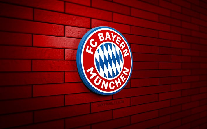 bayern munich logo 3d, 4k, mur de brique rouge, bundesliga, football, club de football allemand, logo bayern munich, emblème bayern munich, bayern munich, logo sportif, bayern munich fc