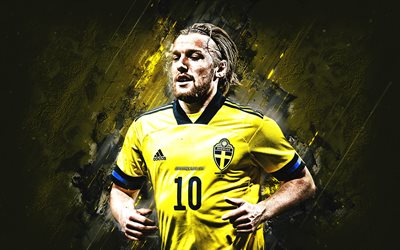 emil forsberg, schwedische fußballnationalmannschaft, schwedischer fußballspieler, offensiver mittelfeldspieler, porträt, gelber steinhintergrund, schweden