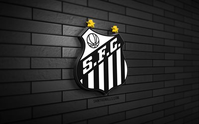 サントスfcの3dロゴ, 4k, 黒ブリックウォール, ブラジルのセリエ a, サッカー, ブラジルのサッカークラブ, サントスfcのロゴ, サントスfcのエンブレム, フットボール, サントス, スポーツのロゴ, サントスfc
