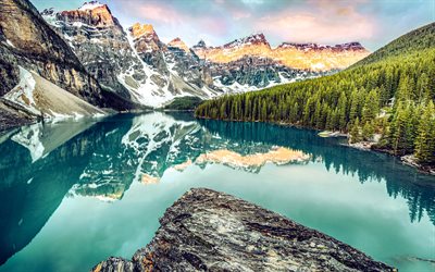 4k, Moraine Lake, Alberta, sunset, summer, canadian landmarks, mountains, blue lakes, Banff National Park, HDR, travel concepts, Canada, Banff