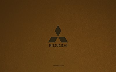 logo mitsubishi, 4k, logos de voitures, emblème mitsubishi, texture de pierre brune, mitsubishi, marques de voitures populaires, signe mitsubishi, fond de pierre brune