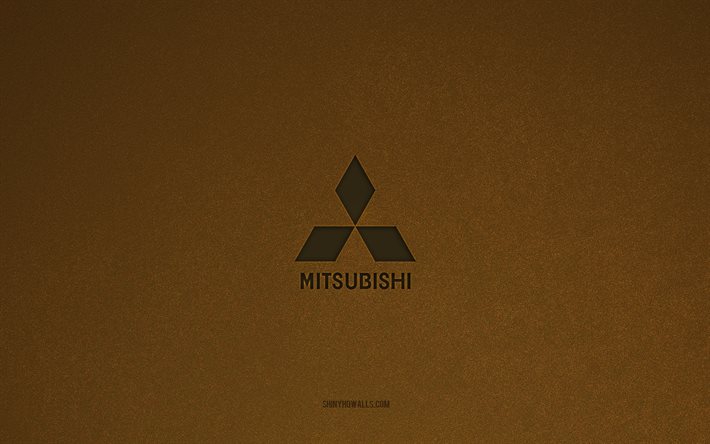 mitsubishi logosu, 4k, araba logoları, mitsubishi amblemi, kahverengi taş doku, mitsubishi, popüler otomobil markaları, mitsubishi işareti, kahverengi taş arka plan