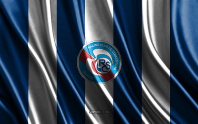 logotipo de rc strasbourg alsace, ligue 1, textura de seda blanca azul, bandera de rc strasbourg alsace, equipo de fútbol francés, rc strasbourg alsace, fútbol, ​​bandera de seda, emblema de rc strasbourg alsace, francia, insignia de rc strasbourg alsace