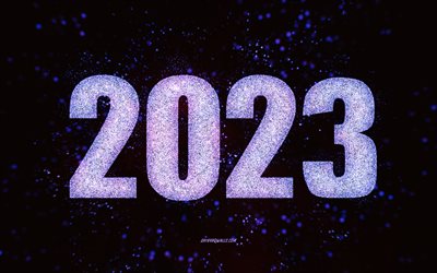 sfondo viola 2023, 4k, felice anno nuovo 2023, arte glitter, sfondo viola glitter 2023, concetti 2023, luci viola, modello viola 2023
